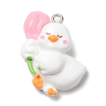 Cute Opaque Resin Pendants, Duck Charms with Platinum Plated Iron Loops, White, 25x25x9.5mm, Hole: 1.5mm