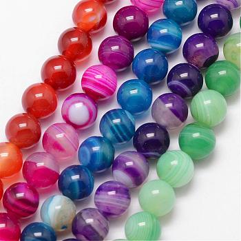 Natural Striped Agate/Banded Agate Bead Strands, Round, Grade A, Dyed & Heated, Mixed Color, 10mm, Hole: 1mm, about 37pcs/strand, 15 inch
