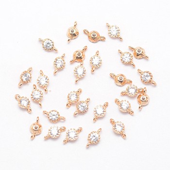 Real Light Gold Plated Brass Cubic Zirconia Flat Round Links, Nickel Free, 8x4x2mm, Hole: 1mm