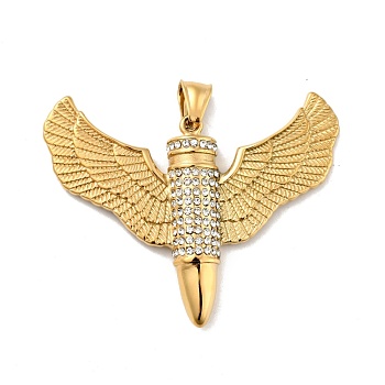 Ion Plating(IP) 304 Stainless Steel Big Pendants, with Rhinestone, Wing with Bullet, Golden, 49.5x60x6.5mm, Hole: 4x7mm