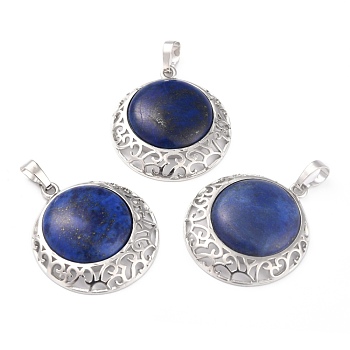Natural Lapis Lazuli Pendants with Hollow Platinum Brass Findings, Flat Round, 33.5x30x6mm, Hole: 8x5mm