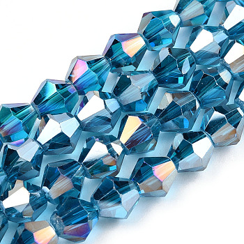 Electroplate Glass Beads Strands, AB Color Plated, Faceted, Bicone, Dark Turquoise, 7.5~8x7.5~8mm, Hole: 1.5mm, about 40pcs/strand, 11.81 inch