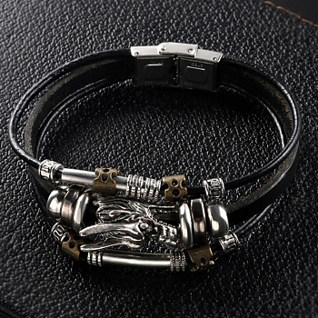 Leaehet Cords Multi-strand Bracelets, Alloy Dragon Punk Bracelet, Black, 8-5/8 inch(22cm)