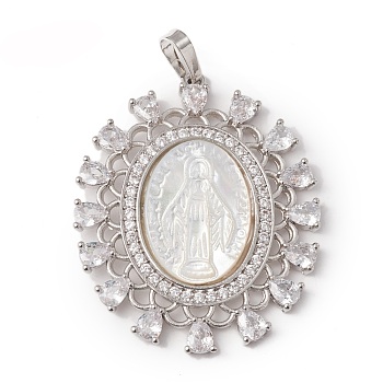 Eco-Friendly Rack Plating Brass Micro Pave Cubic Zirconia Pendant, with Natural White Shell, Long-Lasting Plated, Lead Free & Cadmium Free, Oval with Virgin Mary, Real Platinum Plated, 35x29x3.5mm, Hole: 3.5x6.5mm