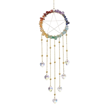 Wire Wrapped Chakra Natural Gemstone Chips Ring with Star Hanging Ornaments, Glass Heart Tassel Suncatchers for Indoor Window Patio Garden Decorations, 315mm