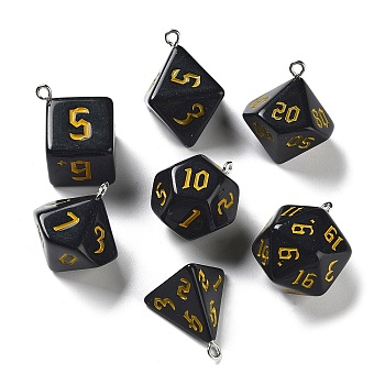 7Pcs 7 Styles Opaque Resin Polyhedral Dice Pendants Set, Multi-Sided Dice Charms with Platinum Plated Iron Loops, Mixed Shapes, Yellow, Black, 20~28x19~24x17~24mm, Hole: 2mm, 1pc/style