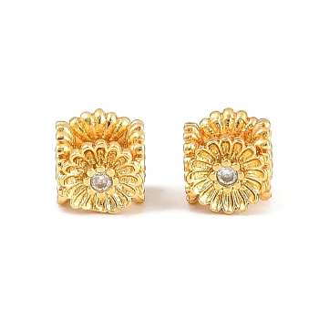 Brass Micro Pave Clear Cubic Zirconia Beads, Cube with Flower, Rack Plating, Long-Lasting Plated, Lead Free & Cadmium Free, Golden, 6x6x5.5mm, Hole: 3mm