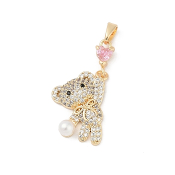 Brass Micro Pave Clear Cubic Zirconia Pendants, Bear Charms, with ABS Imitation Pearl, Lead Free & Cadmium Free, Real 18K Gold Plated, Rack Plating, Pearl Pink, 20x14x4.5mm, Hole: 5x2.5mm