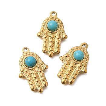 Natural Turquoise Pendants, with Vacuum Plating 201 Stainless Steel Findings, Hamsa Hand, Real 18K Gold Plated, 22x13x3mm, Hole: 1.5mm