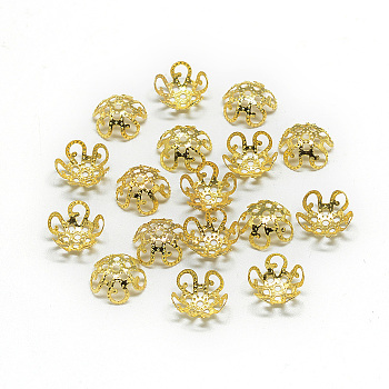 Plated Iron Bead Caps, Flower, 5-Petal, Filigree, Golden, 8~9x3mm, Hole: 1mm