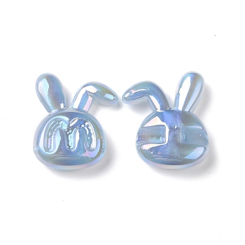 Opaque Acrylic Beads, AB Color Plated, Rabbit with Letter M Pattern, Light Sky Blue, 41x33x11.5mm, Hole: 3.2mm