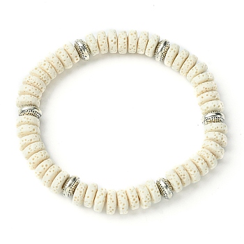 Dyed Natural Lava Rock Flat Round Beaded Stretch Bracelets for Women, White, Inner Diameter: 2-1/4 inch(5.7cm)