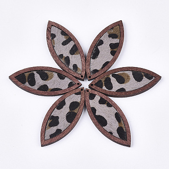 Eco-Friendly Cowhide Leather Big Pendants, with Dyed Wood, Horse Eye with Leopard Print, Thistle, 53x22x4mm, Hole: 1.2mm