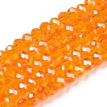 Electroplate Glass Beads Strands, Pearl Luster Plated, Faceted, Rondelle, Orange Red, 4x3mm, Hole: 0.4mm, about 123~127pcs/strand, 16.5~16.9 inch(42~43cm)