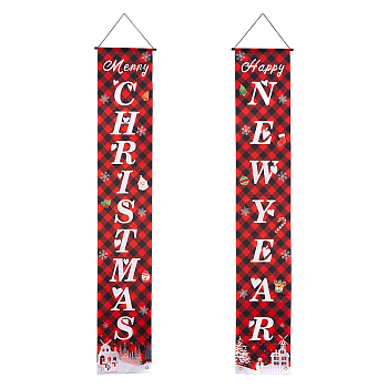 Polyester Hanging Sign for Home Office Front Door Porch Welcome Christmas Decorations, Rectangle with Word New Year & Christmas, Red, 180x30cm, 2pcs/set