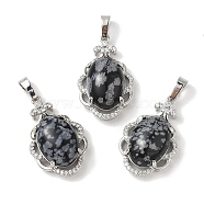 Natural Snowflake Obsidian Oval Pendants, Platinum Tone Brass Micro Pave Clear Cubic Zirconia Flower Charms, Long-Lasting Plated, Lead Free & Cadmium Free, 30x19x10mm, Hole: 7.8x5mm(G-NH0025-15P-19)