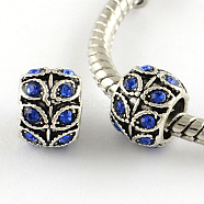 Antique Silver Plated Alloy Rhinestone Large Hole European Beads, Rondelle with Leaf, Sapphire, 9x7mm, Hole: 5mm(X-MPDL-R041-02F)