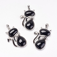 Natural Black Agate Kitten Pendants, with Brass Findings, Cat Silhouette Shape, Dyed & Heated, Platinum, 44x26.5x7.5mm, Hole: 4x6mm(X-G-G713-B05)