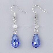 Electroplate Glass Dangle Earrings, with Brass Earring Hooks, Medium Blue, 47~50mm, Pin: 0.6mm (EJEW-JE03176-01)