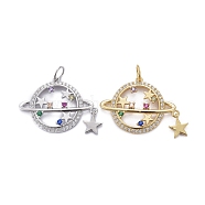 Brass Micro Pave Colorful Cubic Zirconia Pendants, with Jump Rings, Long-Lasting Plated, Star with Star, Mixed Color, 18x24x3mm(ZIRC-Z011-04)