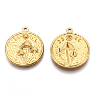 201 Stainless Steel Pendants, Flat Round with Mushroom Charm, Real 18K Gold Plated, 29x25x3mm, Hole: 1.8mm(STAS-N098-143LG)