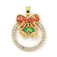 Christmas Brass Micro Pave Cubic Zirconia Pendant, with Enamel and Synthetic Opal, Christmas Wreath, FireBrick, 25.5x22.5x5.5mm, Hole: 5x3mm(KK-H468-01A-02G)