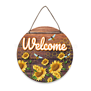 Wood Hanging Wall Decorations, with Jute Twine, Flat Round with Word, Sunflower Pattern, 300x5mm(HJEW-WH0027-017)