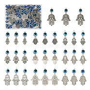 100Pcs 10 Styles Tibetan Style Alloy Pendants, with Evil Eye Resin Beads, Hamsa Hand/Hand of Miriam, Royal Blue, 32~45mm, Hole: 2mm,  Pendant: 16~33x10~23x1~2mm, 10pcs/style (FIND-TA0002-25)
