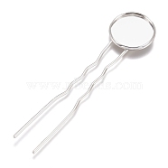 Iron Hair Fork Findings, with Flat Round Brass Cabochon Settings, Silver Color Plated, Tray: 18mm, 82.5x20x3mm(KK-M040-04B-S)