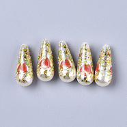 Printed Resin Beads, Imitation Pearl, teardrop, with Flower Pattern, Red, 32x13mm, Hole: 1.5mm(RESI-T038-006B)