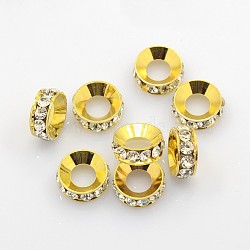 Brass Rhinestone Spacer Beads, Rondelle, White, Golden Metal Color,Size: about 13mm in diameter, 5mm thick, hole: 7mm(RSB094-1G)