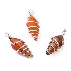 Natural Red Agate Pendants, with Platinum Tone Copper Wire Wrapped, Cadmium Free & Lead Free, Faceted Cone, 42~47x15~17x15~17.5mm, Hole: 5~7mm(G-D458-05P-09-RS)