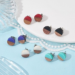 Resin & Wood Stud Earrings, Flat Round, Mixed Color, 10mm(EJEW-JE05284)