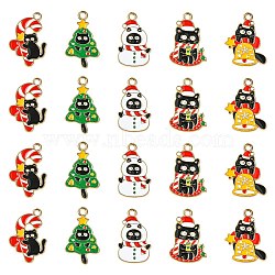 30Pcs 5 Styles Christmas Cat Theme Alloy Enamel Pendants, Mixed Shapes, 25~26x15~19.5x1mm, Hole: 2mm, 6pcs/style(ENAM-CJ0006-53)