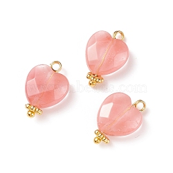 Cherry Quartz Glass Charms, with Golden Tone Brass Findings, Faceted Heart, 15x10x5mm, Hole: 1.6mm(PALLOY-JF01863-05)