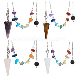 1 Set Hexagonal Cone Natural Gemstone Dowsing Pendulums, with 304 Stainless Steel Cable Chains, 246mm, Hole: 2mm, 4 style, 1pc/style, 4pcs/set(FIND-HY0003-34)
