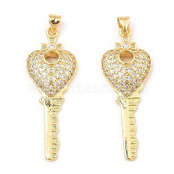 Rack Plating Brass Micro Pave Clear Cubic Zirconia Pendants, Key with Heart, Real 16K Gold Plated, 42x15.5x5mm, Hole: 3.5x4mm(KK-M253-08G)