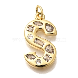 Brass Micro Pave Clear Cubic Zirconia Pendants, with Jump Ring, Lead Free and Cadmium Free, Long-Lasting Plated, Rack Plating, Letter Charms, Real 18K Gold Plated, Letter S, 21x11.5x2.7mm, jump ring: 5x1mm, 3mm inner diameter.(KK-G521-01G-S)