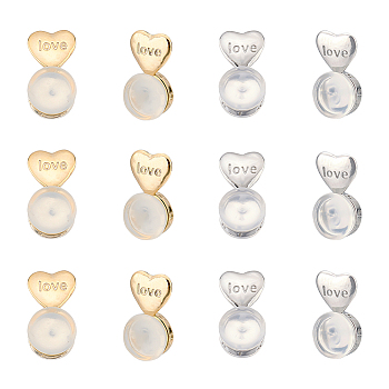 12Pcs 2 Colors Silicone with Brass Ear Nuts, with Hole and Word Love, Column with Heart, Platinum & Golden, 11x6x5mm, Hole: 1mm, 6pcs/color