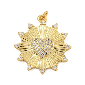 Rack Plating Brass Micro Pave Cubic Zirconia Pendants, with Jump Ring, Long-Lasting Plated, Cadmium Free & Lead Free, Sun with Heart, Real 18K Gold Plated, 28x24.5x3mm, Hole: 3.5mm