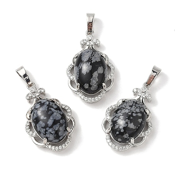 Natural Snowflake Obsidian Oval Pendants, Platinum Tone Brass Micro Pave Clear Cubic Zirconia Flower Charms, Long-Lasting Plated, Lead Free & Cadmium Free, 30x19x10mm, Hole: 7.8x5mm