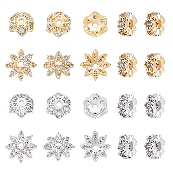 24Pcs 6 Styles Brass Clear Cubic Zirconia Spacer Beads, Cadmium Free & Lead Free, Flower, Platinum & Golden, 6~10x2.5~3mm, Hole: 1.4~2mm, 4pcs/style