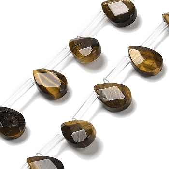 Natural Tiger Eye Beads Strands, Faceted, Teardrop, Top Drilled, 12x8x3.5mm, Hole: 0.9mm, about 28pcs/strand, 13.78''(35cm)