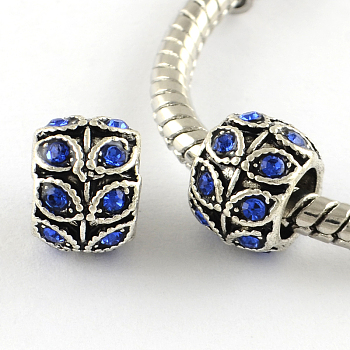 Antique Silver Plated Alloy Rhinestone Large Hole European Beads, Rondelle with Leaf, Sapphire, 9x7mm, Hole: 5mm