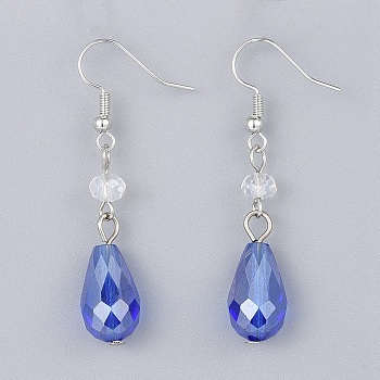 Electroplate Glass Dangle Earrings, with Brass Earring Hooks, Medium Blue, 47~50mm, Pin: 0.6mm 