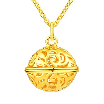 Brass Pendants, Hollow, Round, Real 24K Gold Plated, 15~15.5mm, Hole: 5mm
