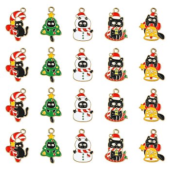 30Pcs 5 Styles Christmas Cat Theme Alloy Enamel Pendants, Mixed Shapes, 25~26x15~19.5x1mm, Hole: 2mm, 6pcs/style