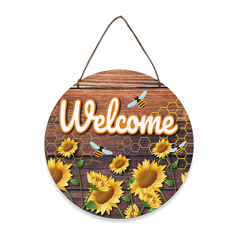 Wood Hanging Wall Decorations, with Jute Twine, Flat Round with Word, Sunflower Pattern, 300x5mm