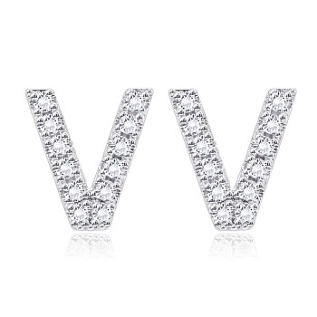 Brass Cubic Zirconia Stud Earrings, with Ear Nuts, Alphabet, Letter V, Clear, Platinum, 12.5x11x2.5mm, Pin: 0.7mm