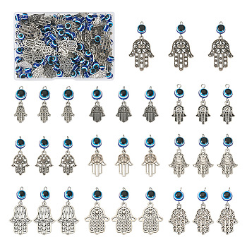 100Pcs 10 Styles Tibetan Style Alloy Pendants, with Evil Eye Resin Beads, Hamsa Hand/Hand of Miriam, Royal Blue, 32~45mm, Hole: 2mm,  Pendant: 16~33x10~23x1~2mm, 10pcs/style 